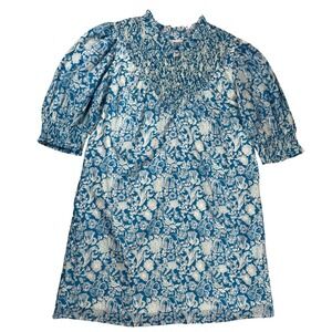 Olivia James The Label Dress Women's Sz S Blue Floral Smocked Cotton Mini Tunic